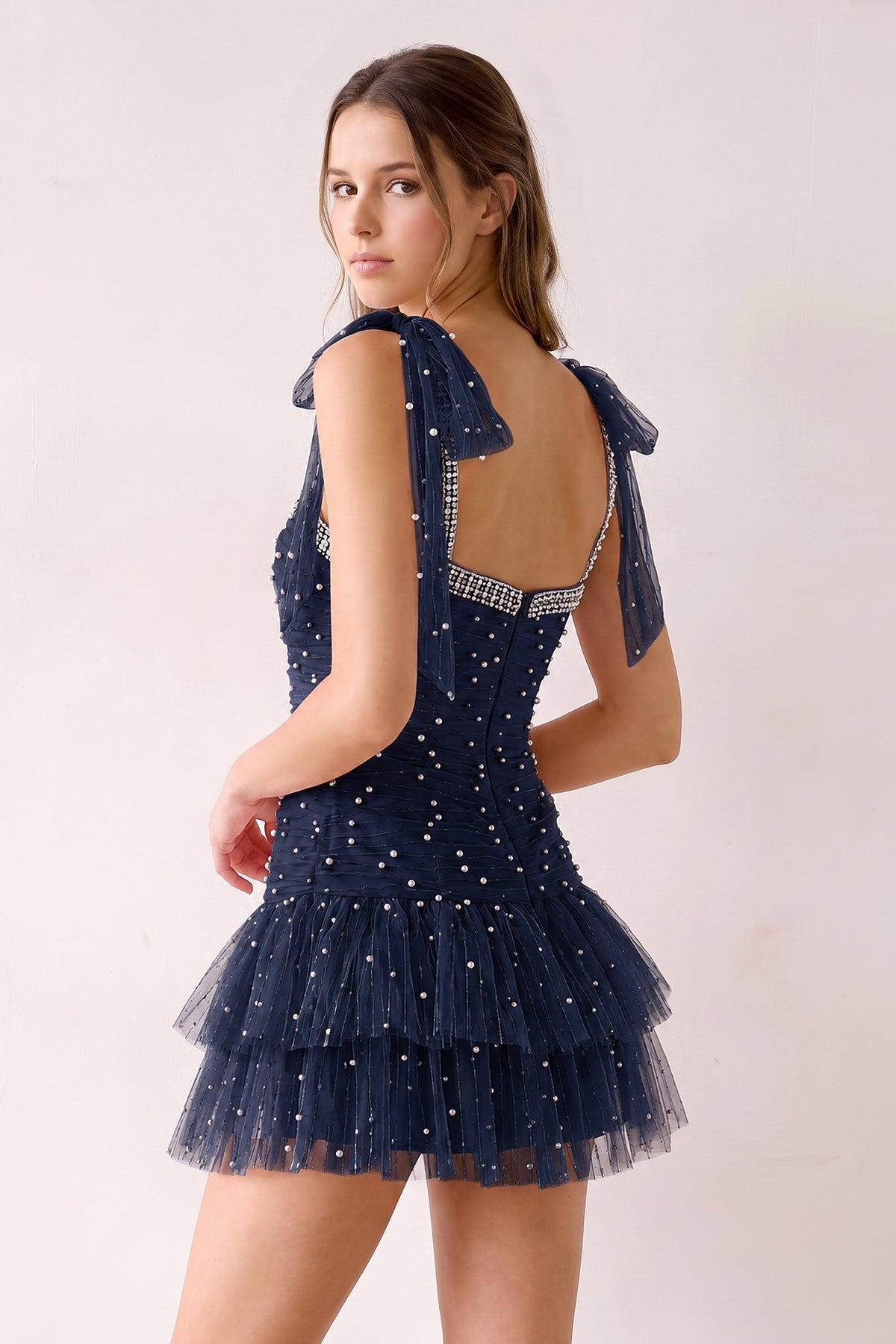 Pink Square Neck A-Line Ruffled Tulle Homecoming Dress with Pearl