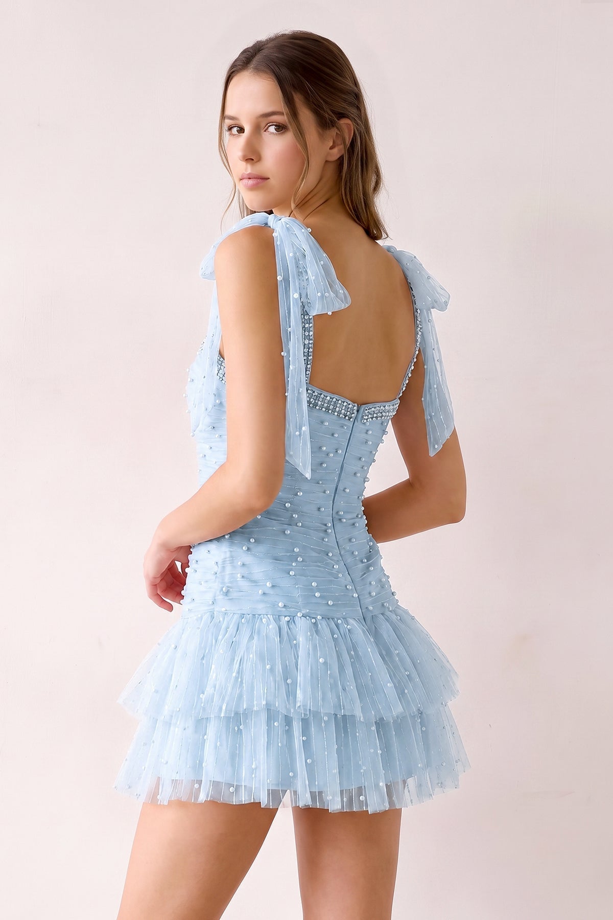 Pink Square Neck A-Line Ruffled Tulle Homecoming Dress with Pearl