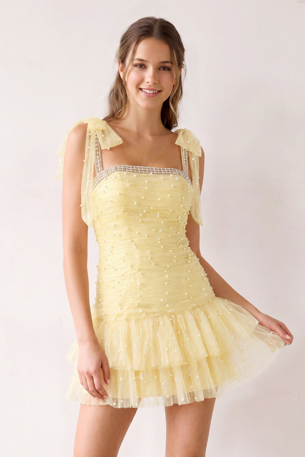 Pink Square Neck A-Line Ruffled Tulle Homecoming Dress with Pearl