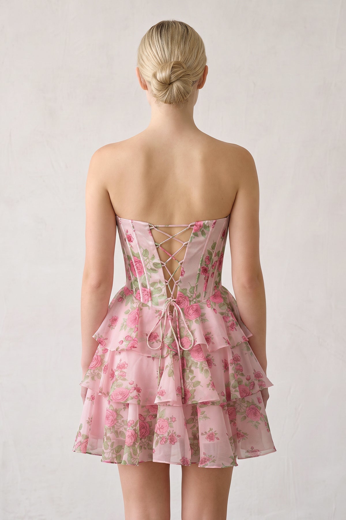 Pink Strapless A-Line Floral Corset Homecoming Dress