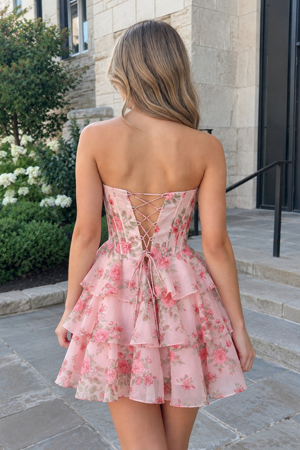 Pink Strapless A-Line Floral Corset Homecoming Dress