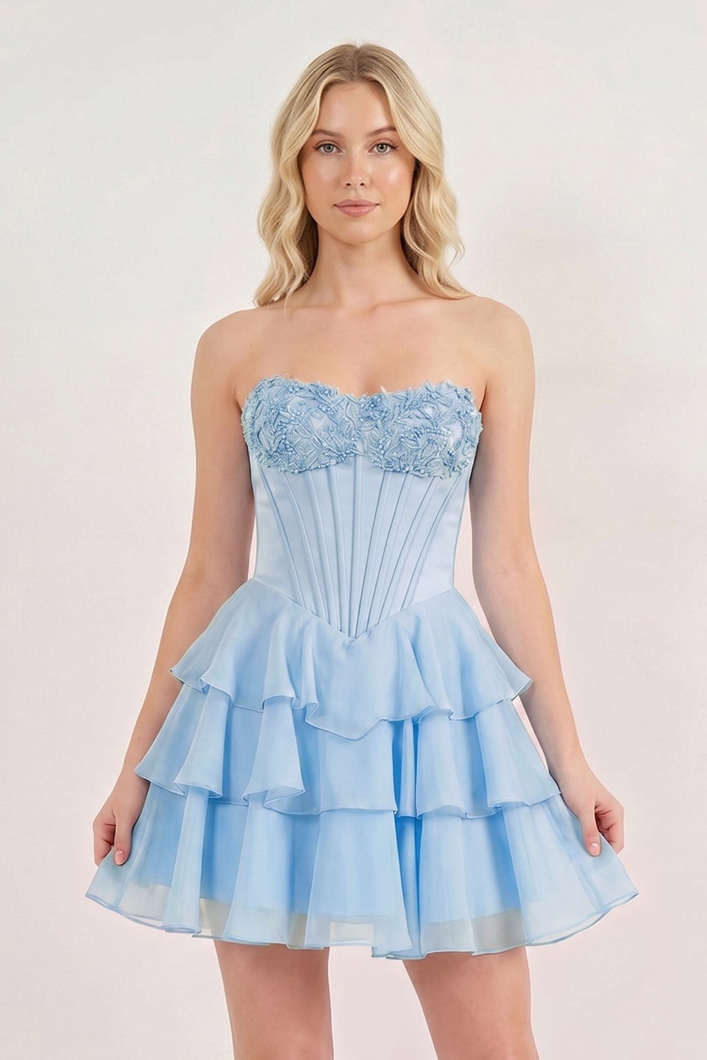 Pink Strapless Tiered A-Line Ruffled Chiffon Appliqued Homecoming Dress