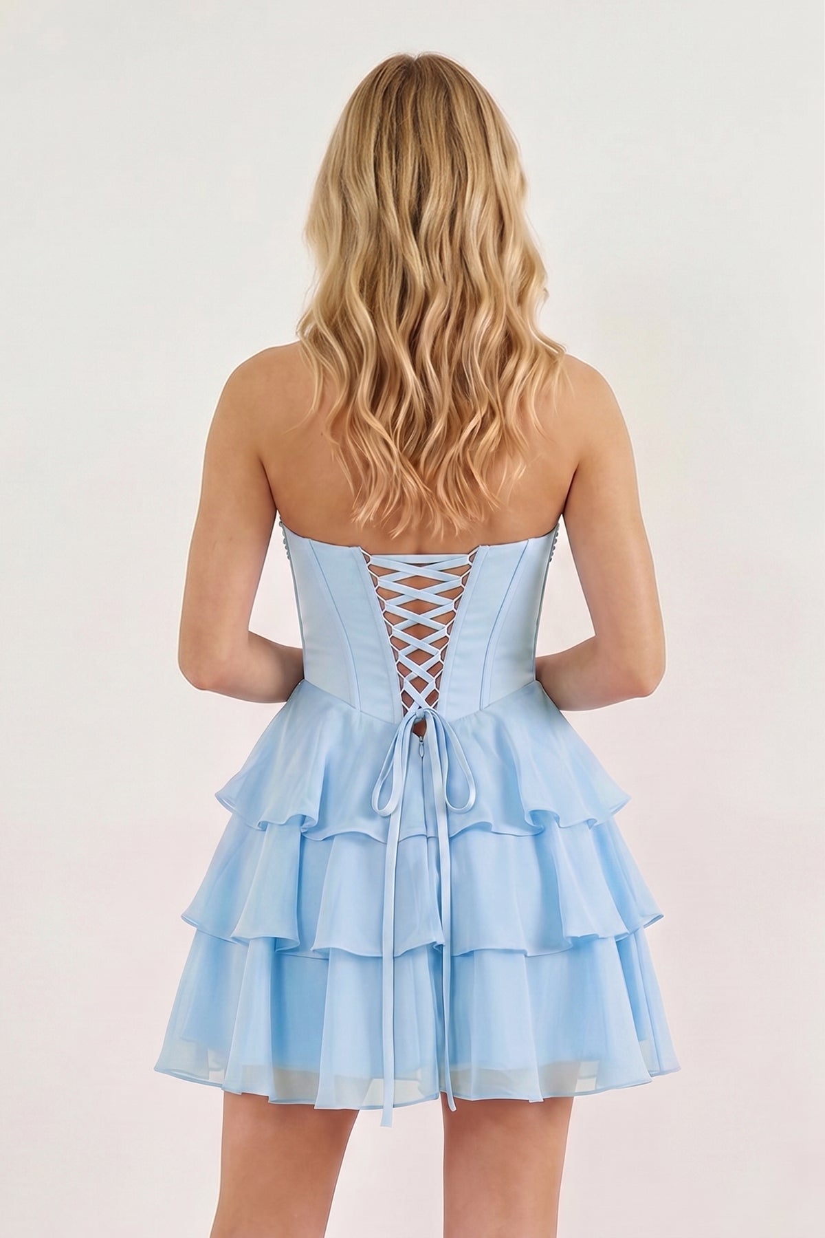 Pink Strapless Tiered A-Line Ruffled Chiffon Appliqued Homecoming Dress