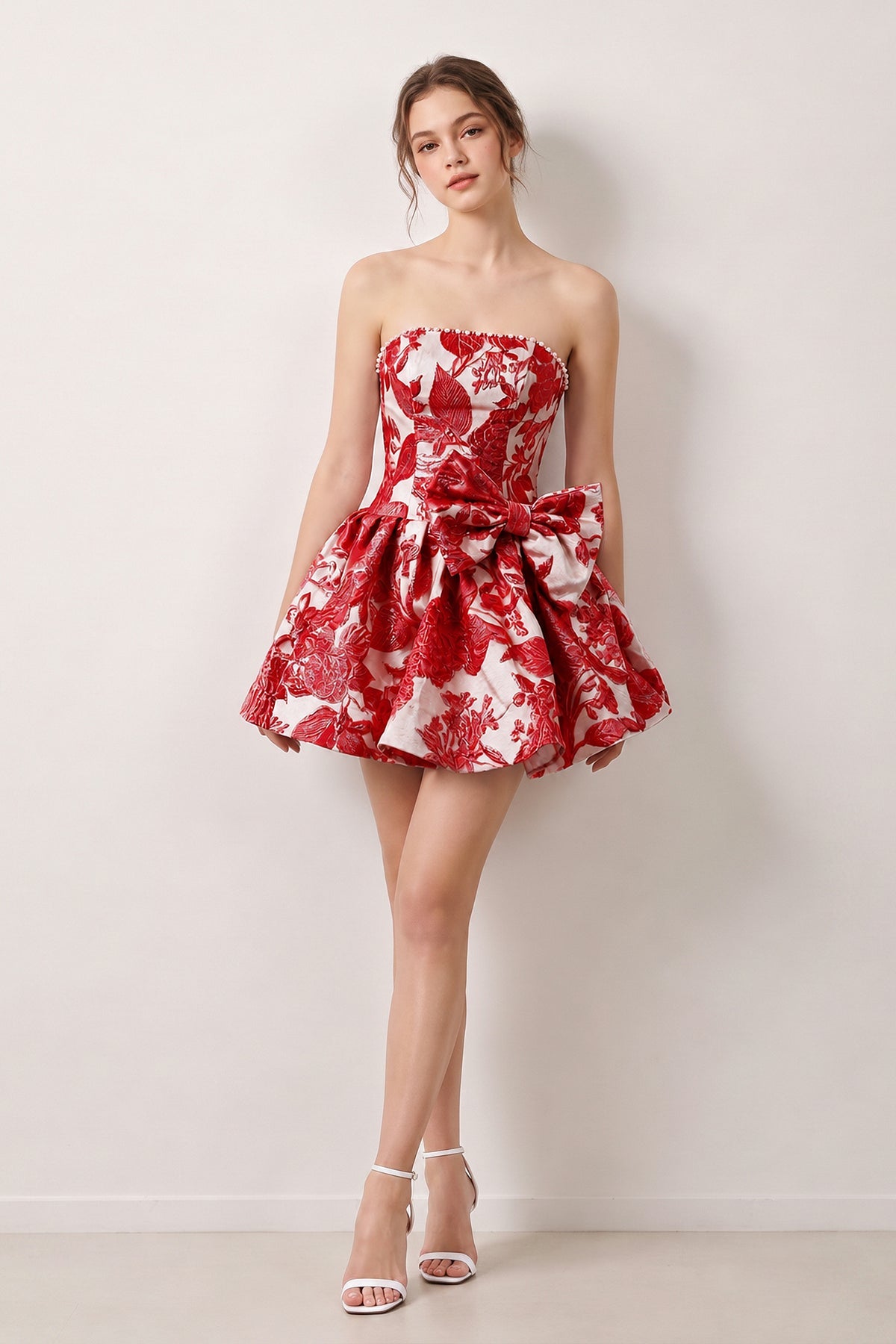 Blue Flower Jacquard Strapless A-Line Bowknot Homecoming Dress With Pearl