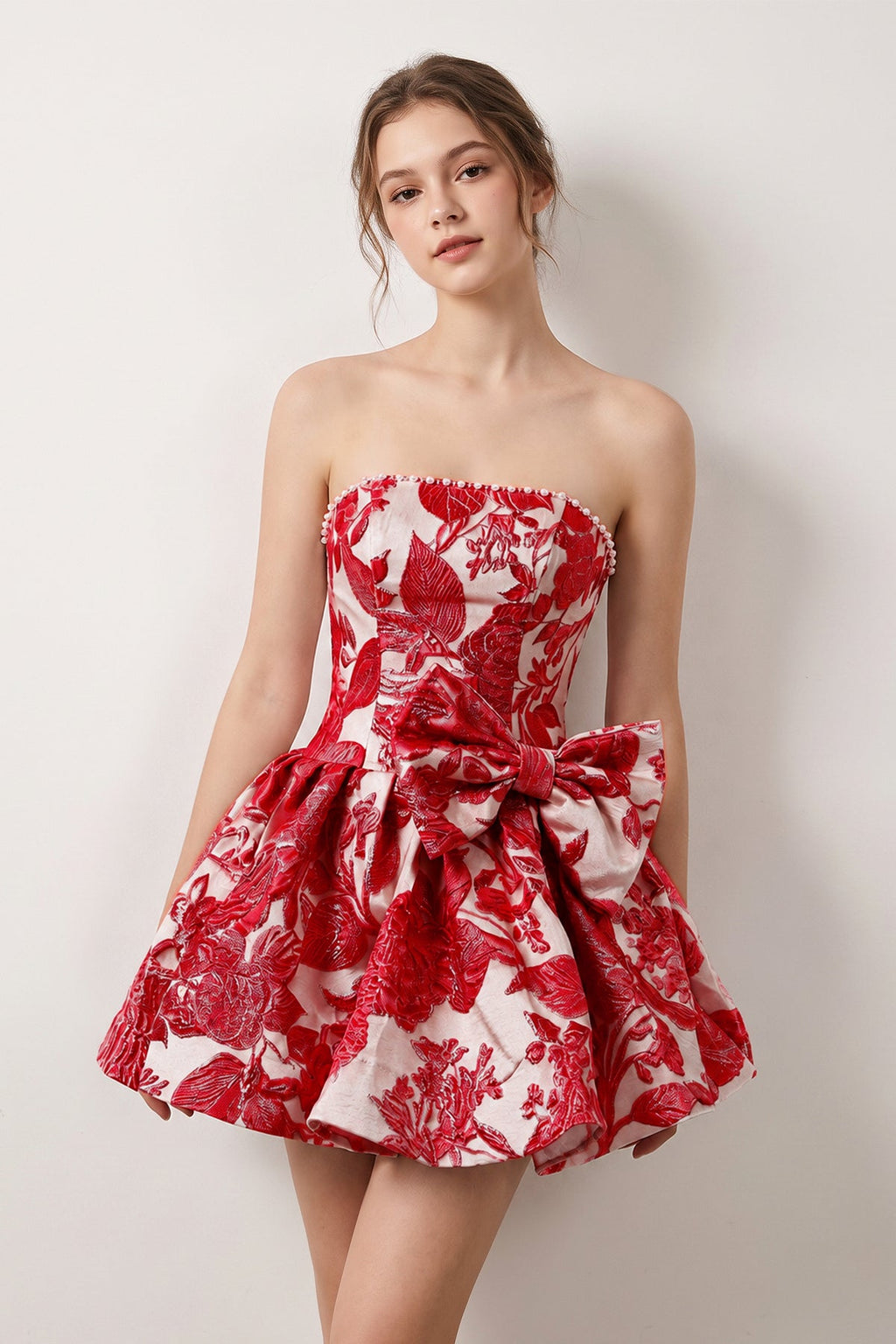 Blue Flower Jacquard Strapless A-Line Bowknot Homecoming Dress With Pearl