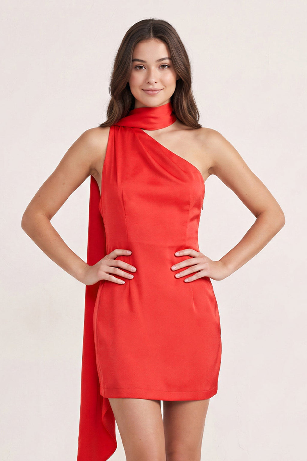 Red One-Shoulder Satin Sheath Homecoming Dress with Scarf