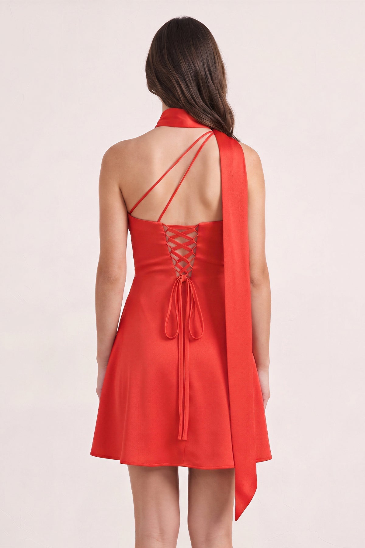 Red One-Shoulder Satin Sheath Homecoming Dress with Scarf