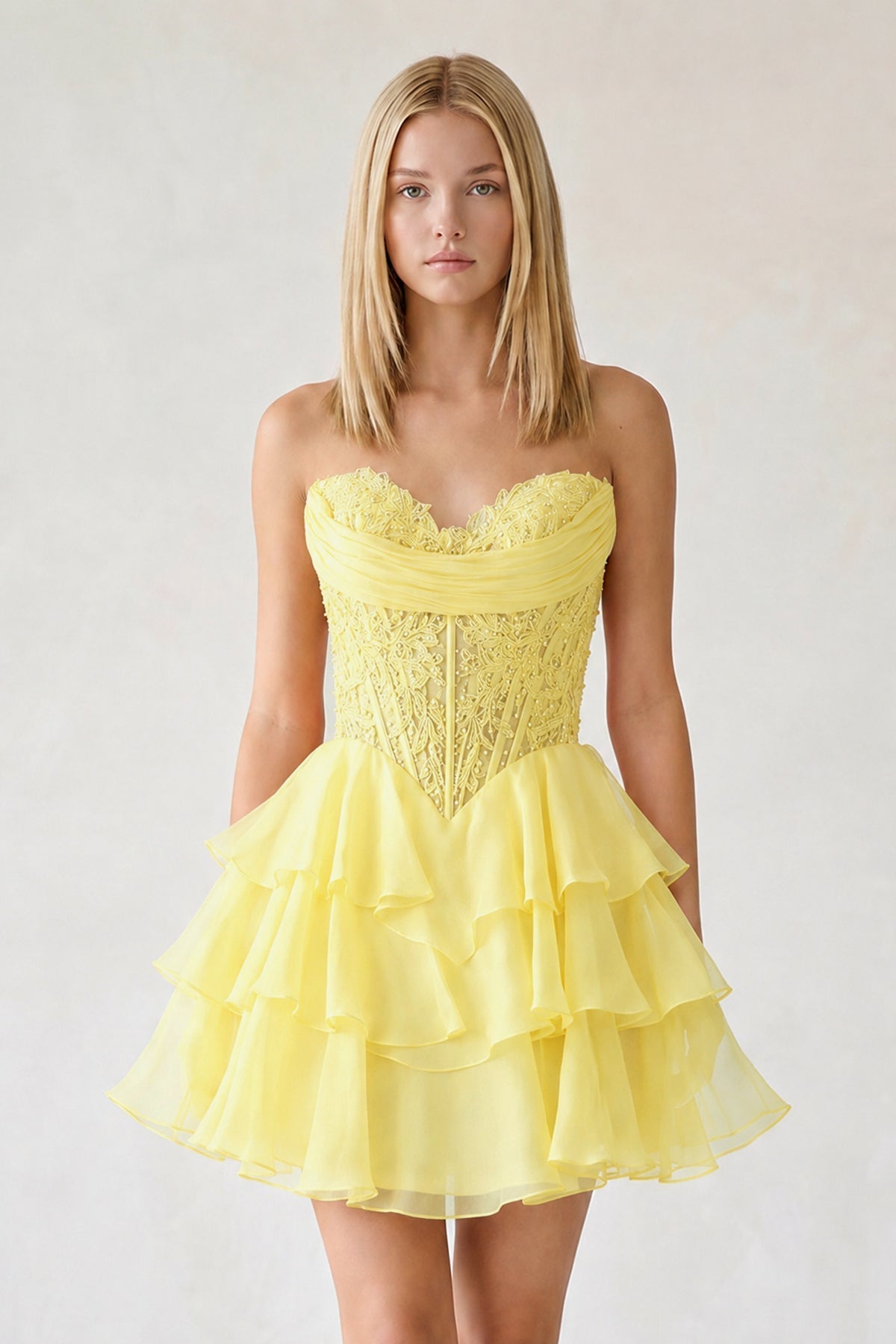 Red Ruffled A-Line Chiffon Sweetheart Corset Homecoming Dress With Beading