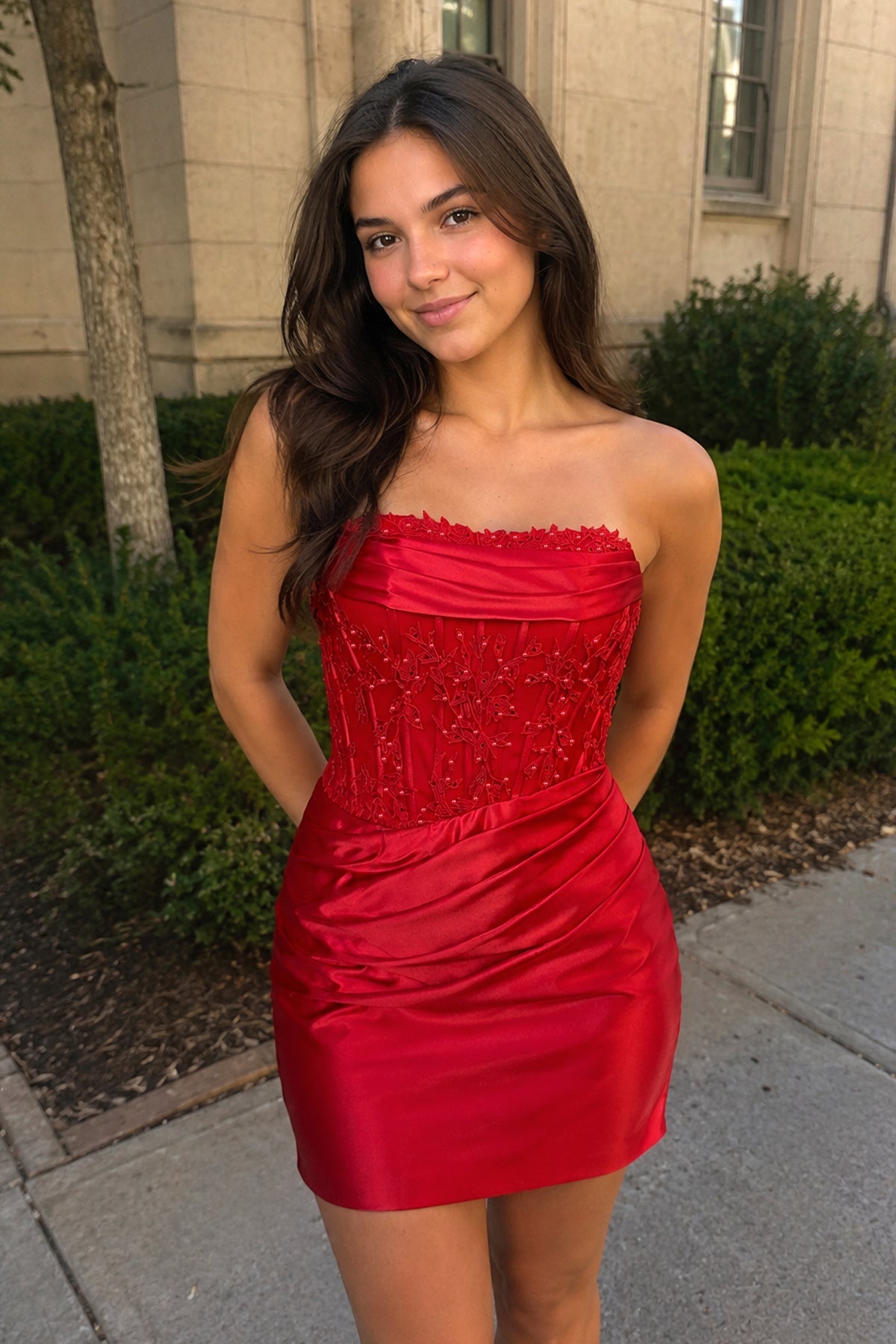 Navy Strapless Appliqued Sheath Satin Corset Homecoming Dress