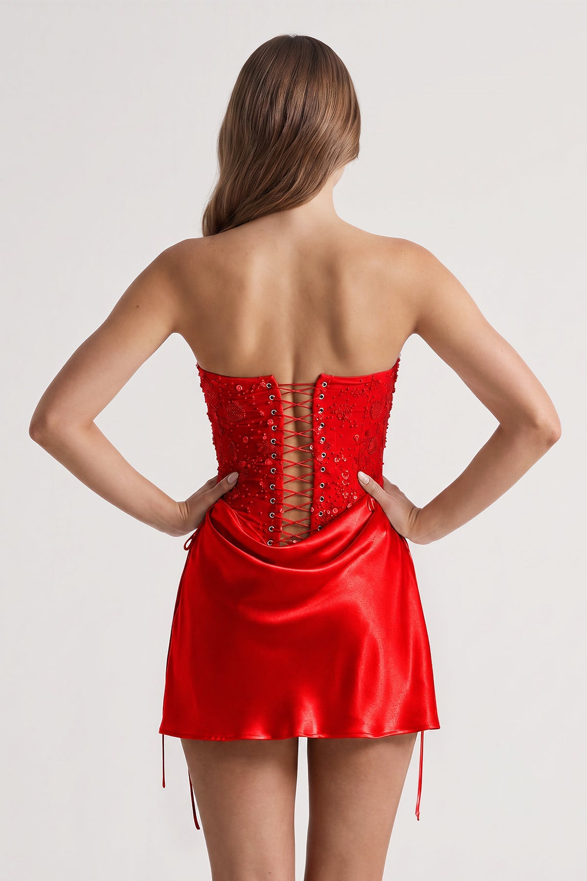Pink Sweetheart Sheath Corset Ruched Satin Homecoming Dress with Beading