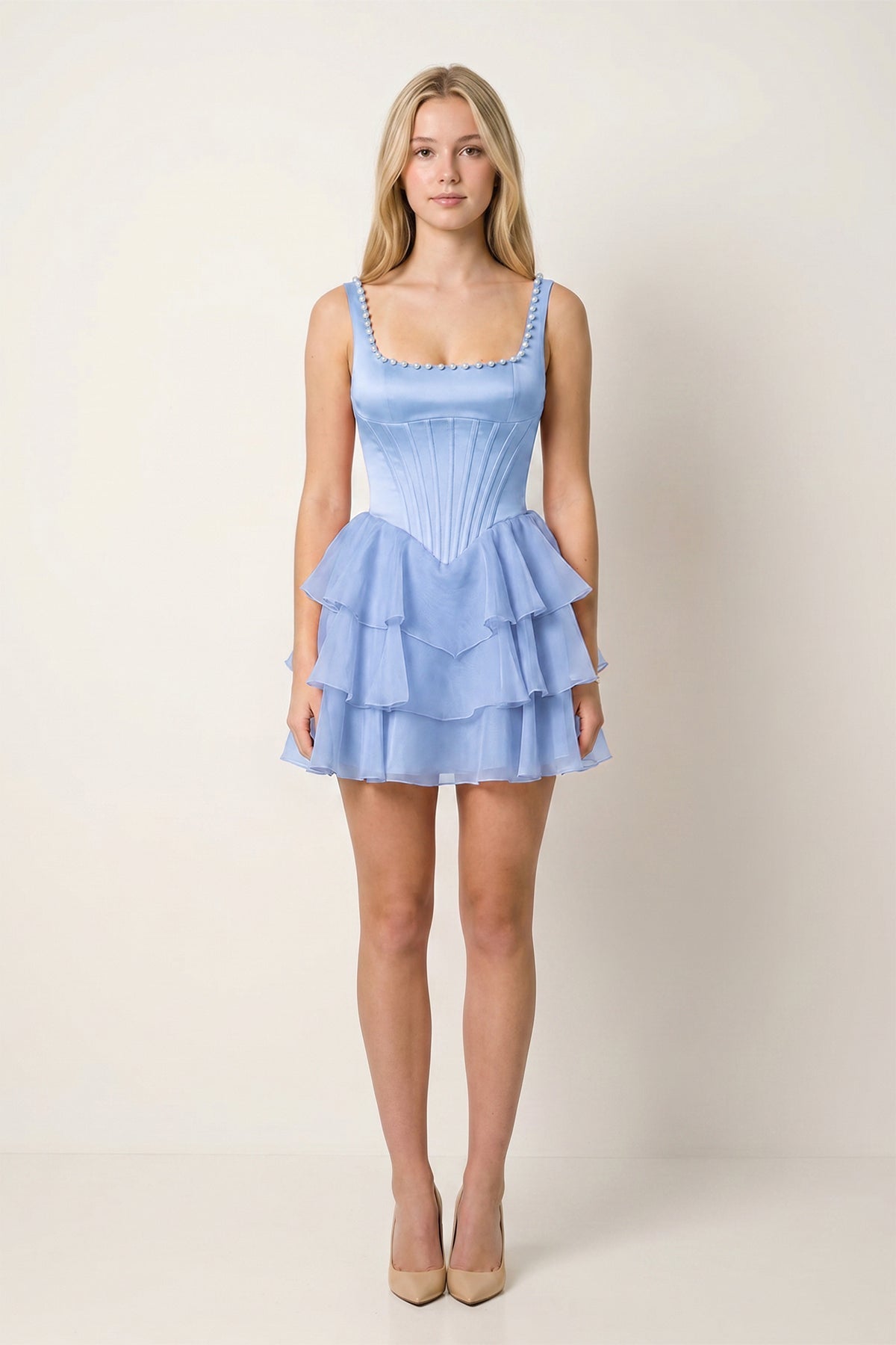 Rose Pink Square Neck Tiered A-Line Corset Satin Homecoming Dress With Pearl