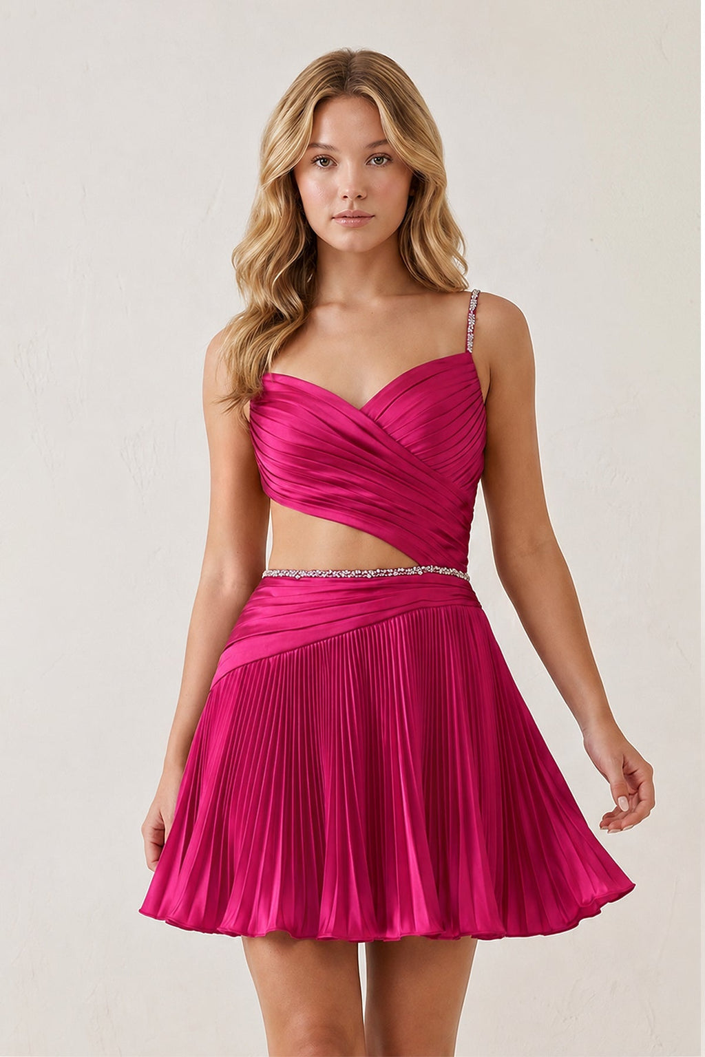 Royal Blue Spaghetti Straps Cut-Out Pleated A-Line Satin Homecoming Dress with Beading