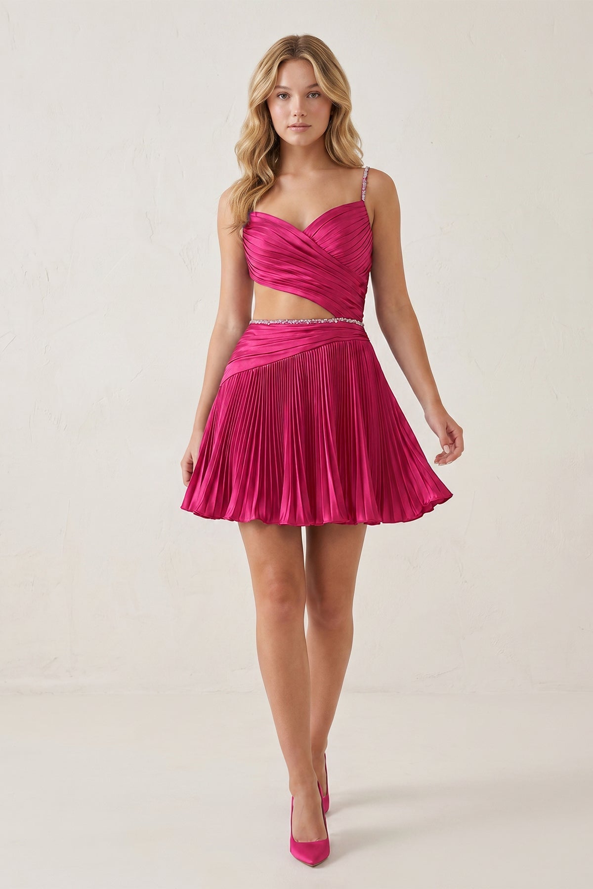 Royal Blue Spaghetti Straps Cut-Out Pleated A-Line Satin Homecoming Dress with Beading