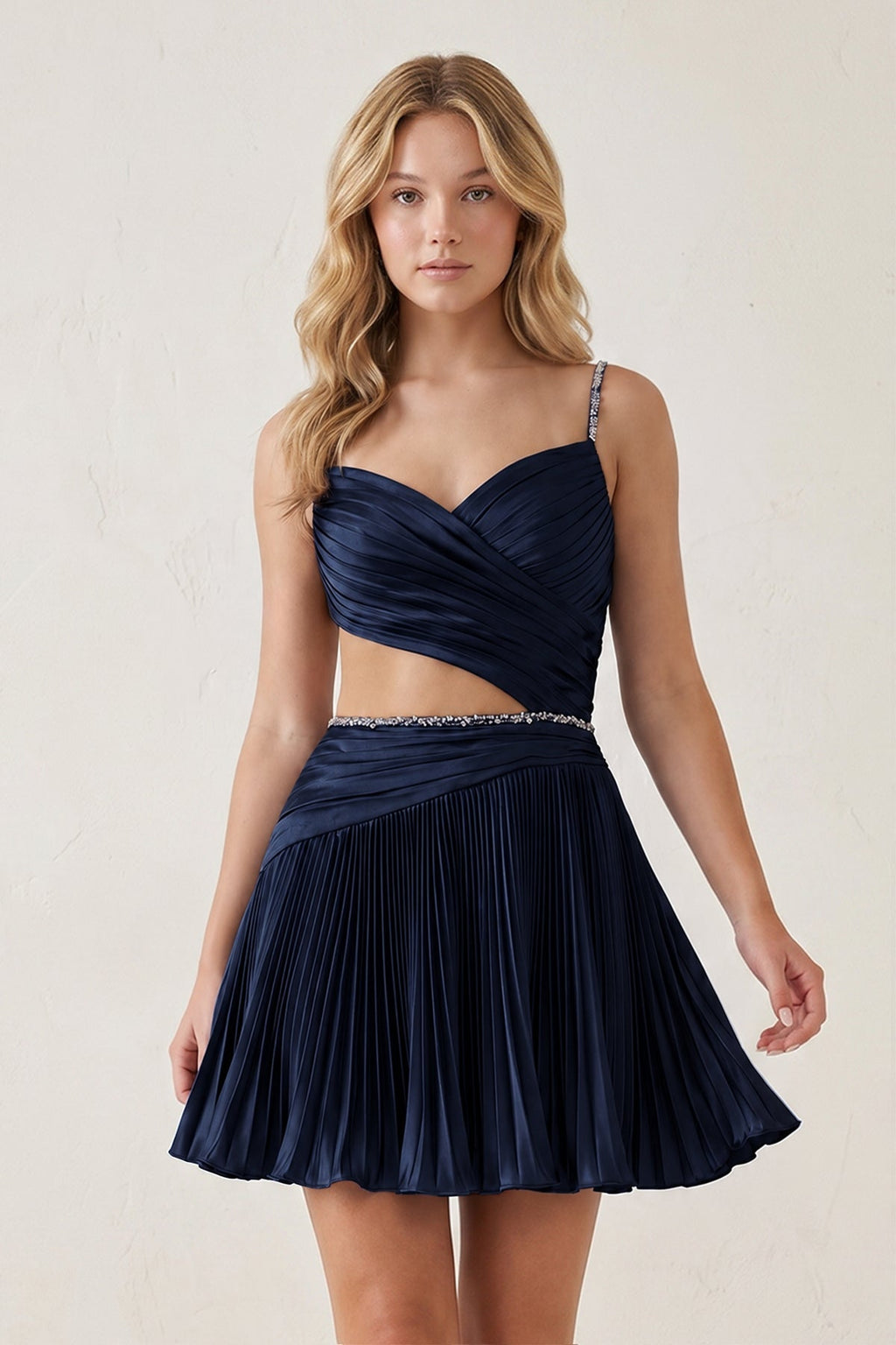 Royal Blue Spaghetti Straps Cut-Out Pleated A-Line Satin Homecoming Dress with Beading
