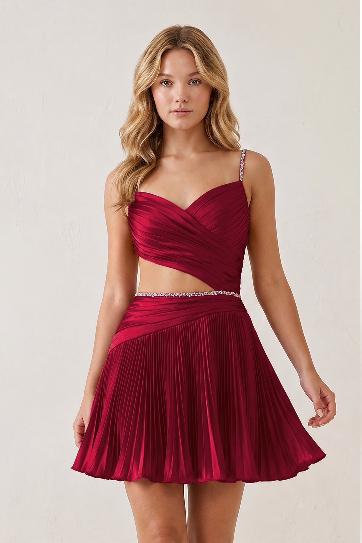 Royal Blue Spaghetti Straps Cut-Out Pleated A-Line Satin Homecoming Dress with Beading