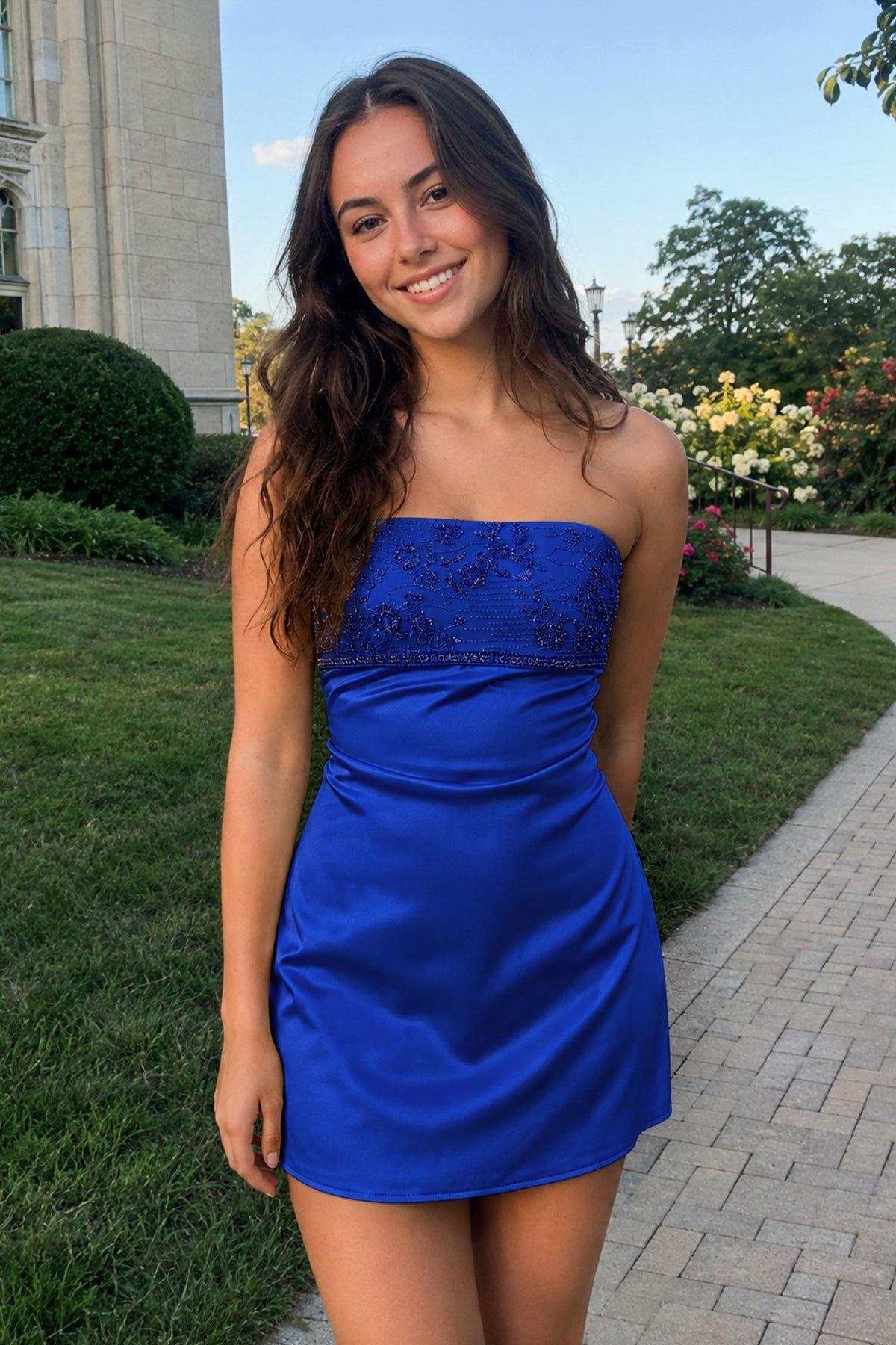 Aqua Strapless Appliqued Satin Sheath Homecoming Dress