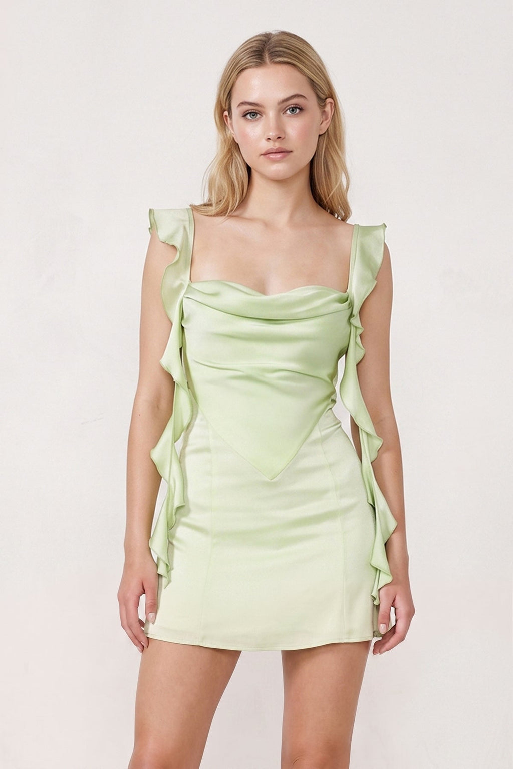 Aqua Ruffled Sheath Square Neck Satin Ruched Homecoming Dress