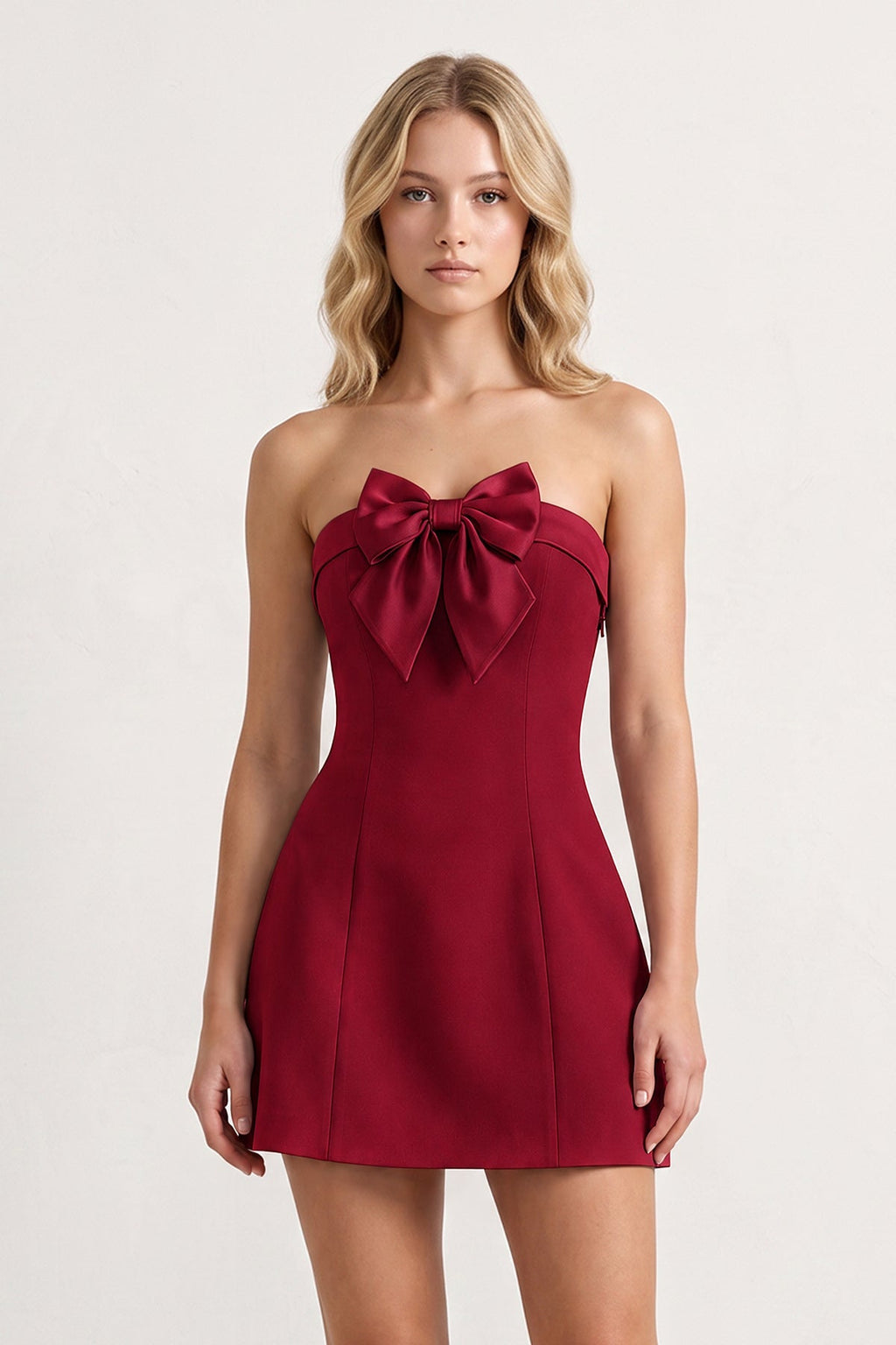 Sky Blue Bowknot Strapless Sheath Satin Homecoming Dress