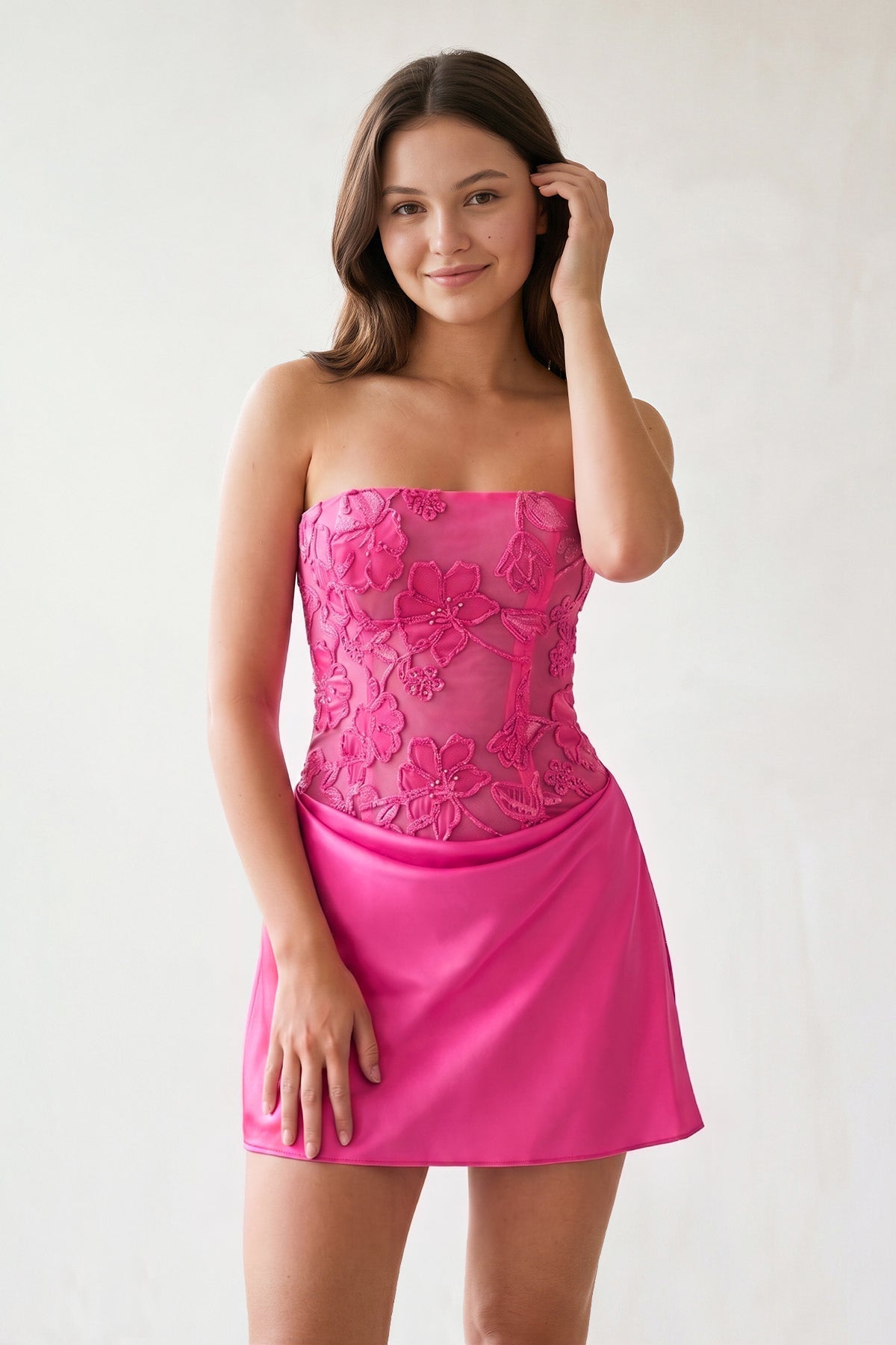Sky Blue Embroidered A-Line Strapless Satin Homecoming Dress