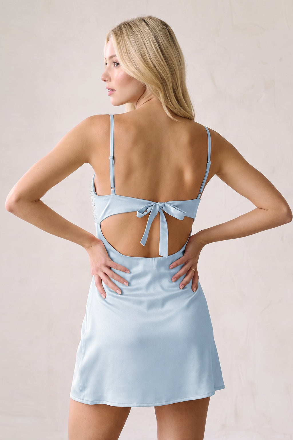 Champagne Spaghetti Straps Sheath Rhinestones Satin Homecoming Dress with Tie Back
