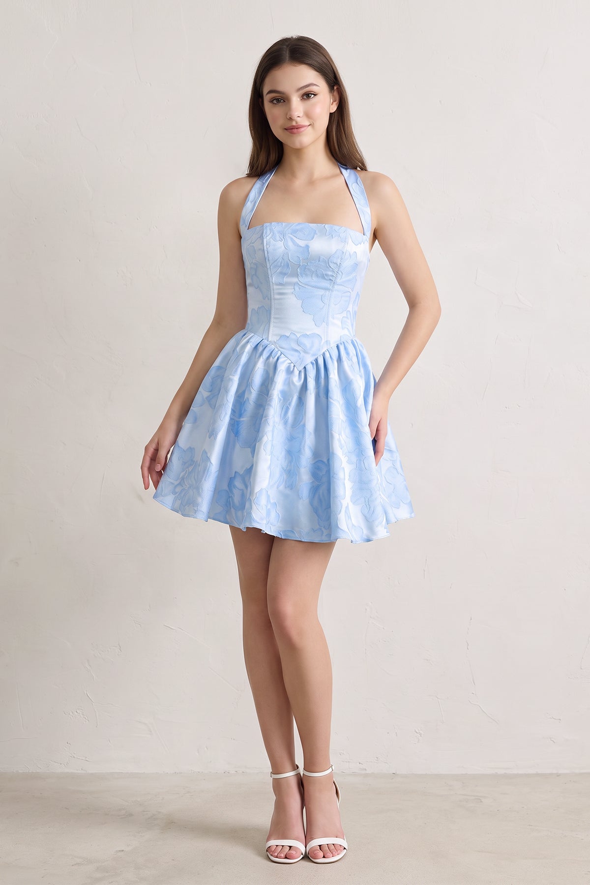 Yellow Halter Jacquard Ruched A-Line Homecoming Dress