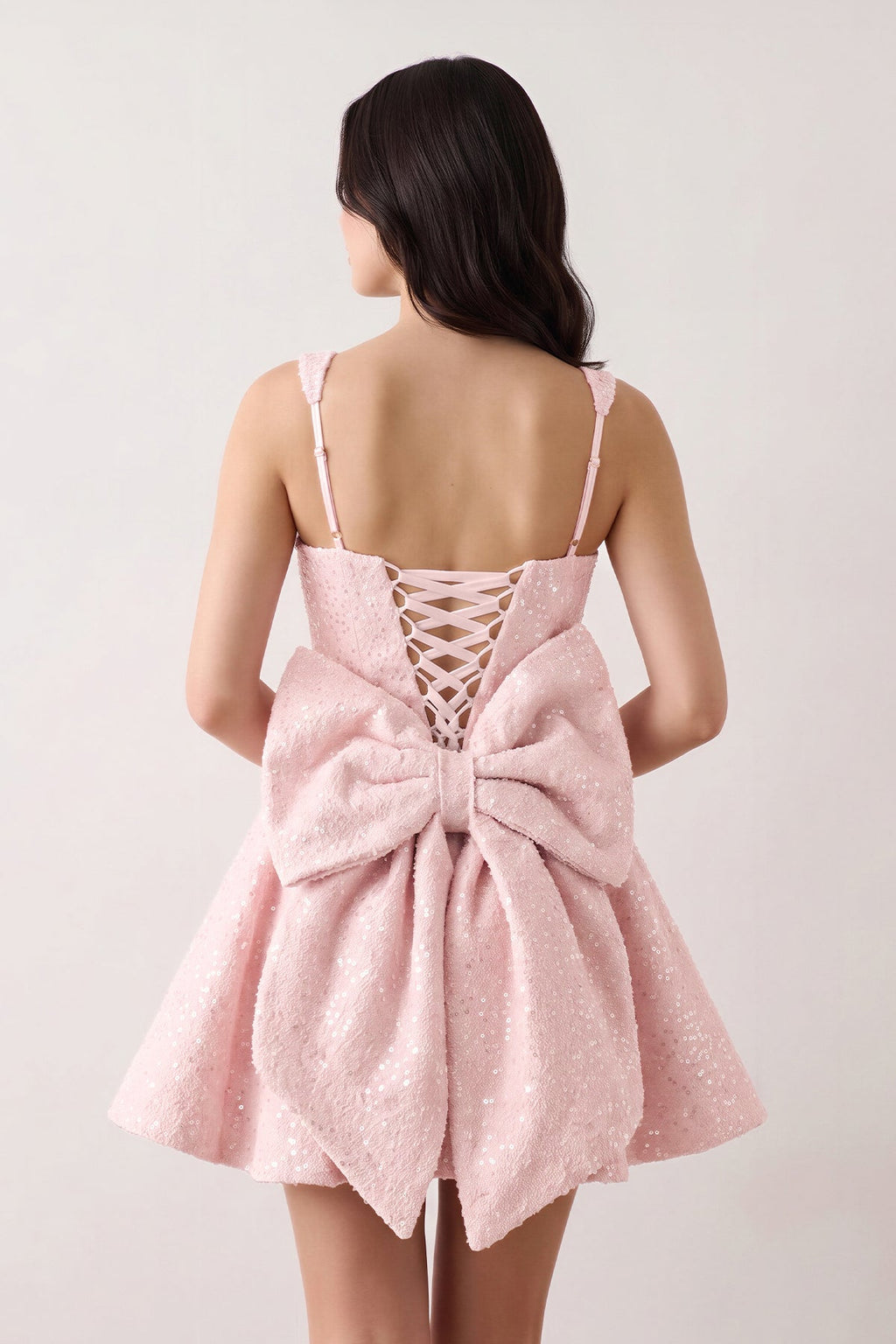 Sparkly Pink Square Neck A-Line Sequin Ruched Homecoming Dress with Bow