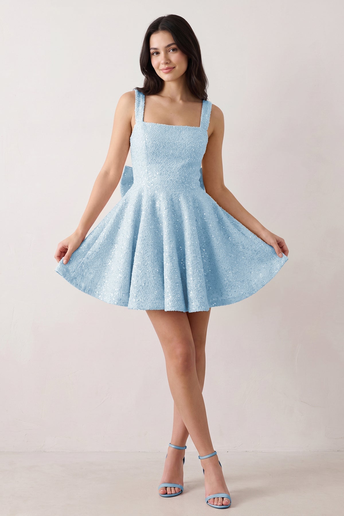 Sparkly Pink Square Neck A-Line Sequin Ruched Homecoming Dress with Bow