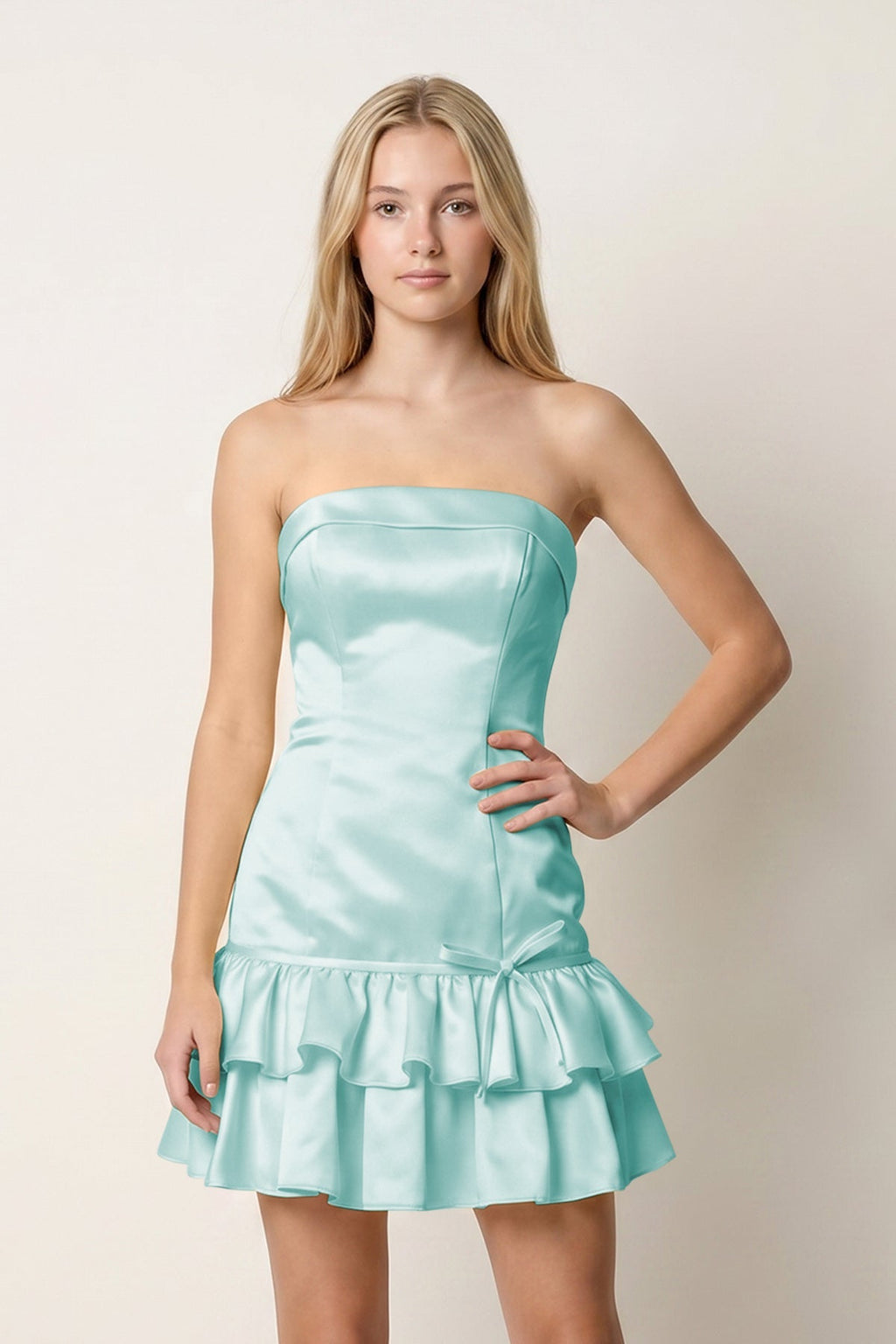 Turquoise Ruffled Strapless Tiered A-Line Satin Homecoming Dress