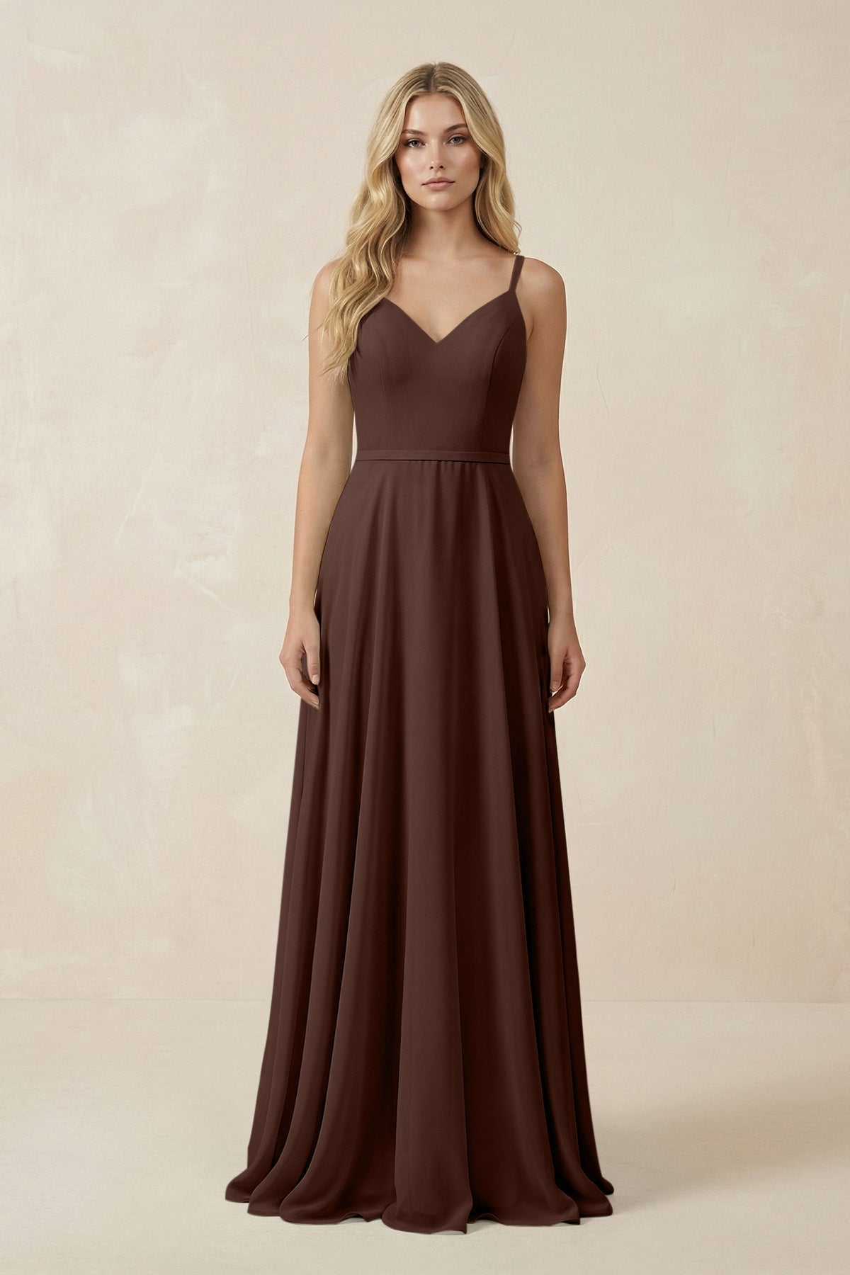 V-Neck A-Line Chiffon Bridesmaid Dress with Crisscross Back in Espresso