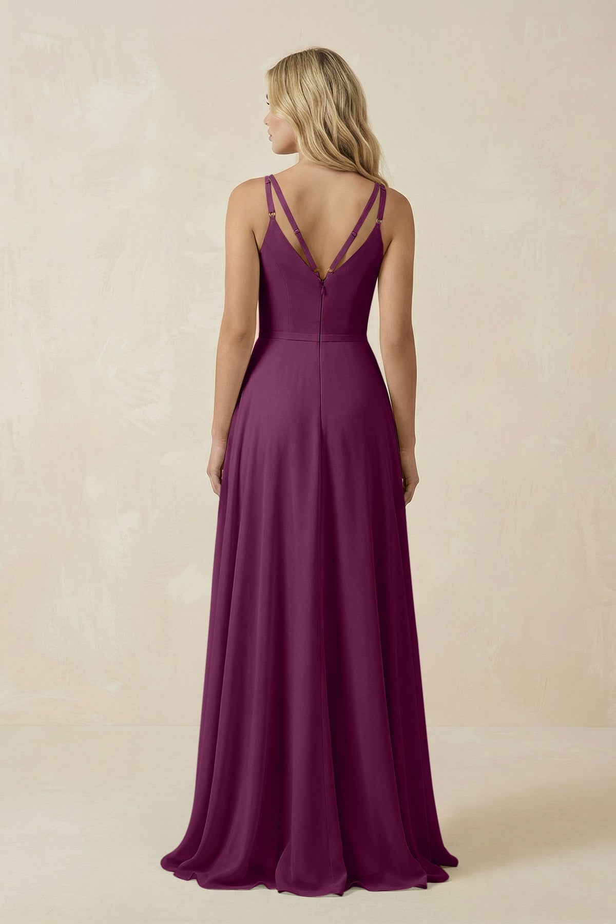 V-Neck A-Line Chiffon Bridesmaid Dress with Crisscross Back in Fig