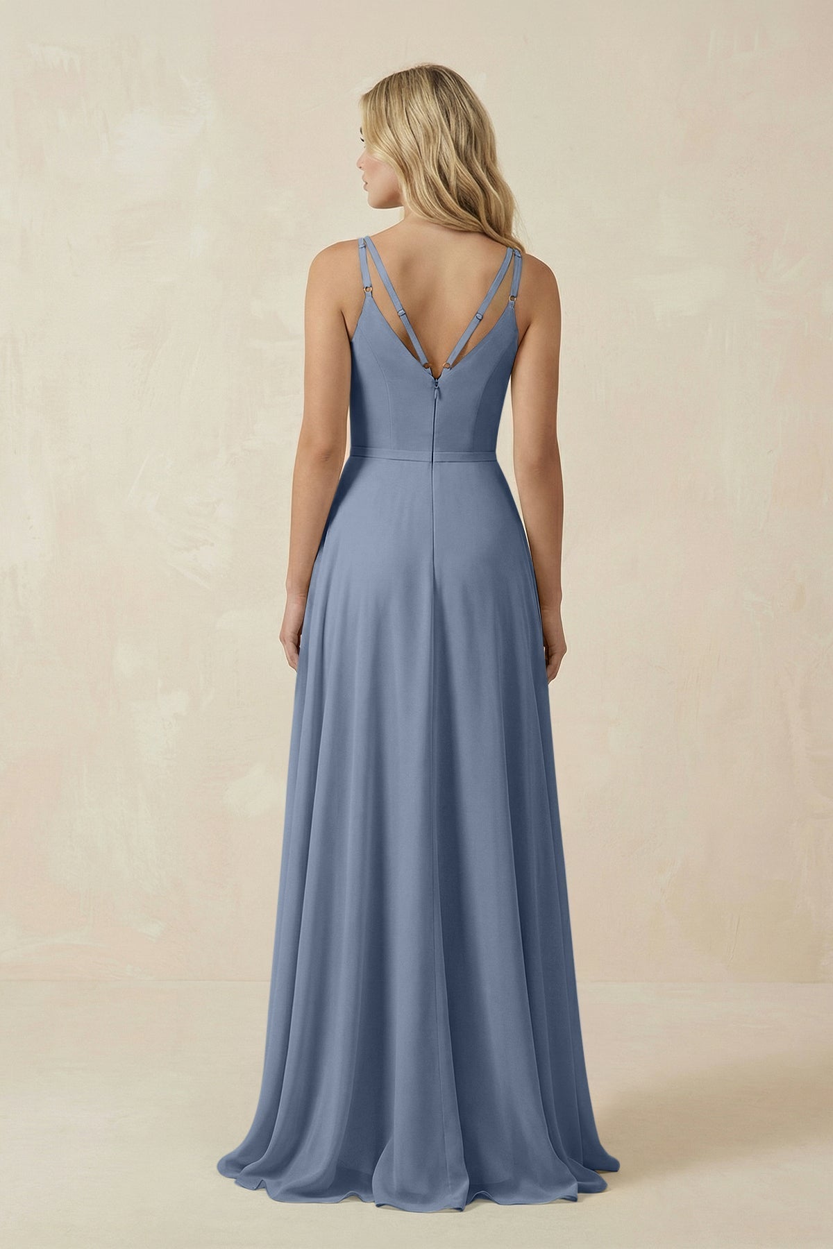 V-Neck A-Line Chiffon Bridesmaid Dress with Crisscross Back in Neptune