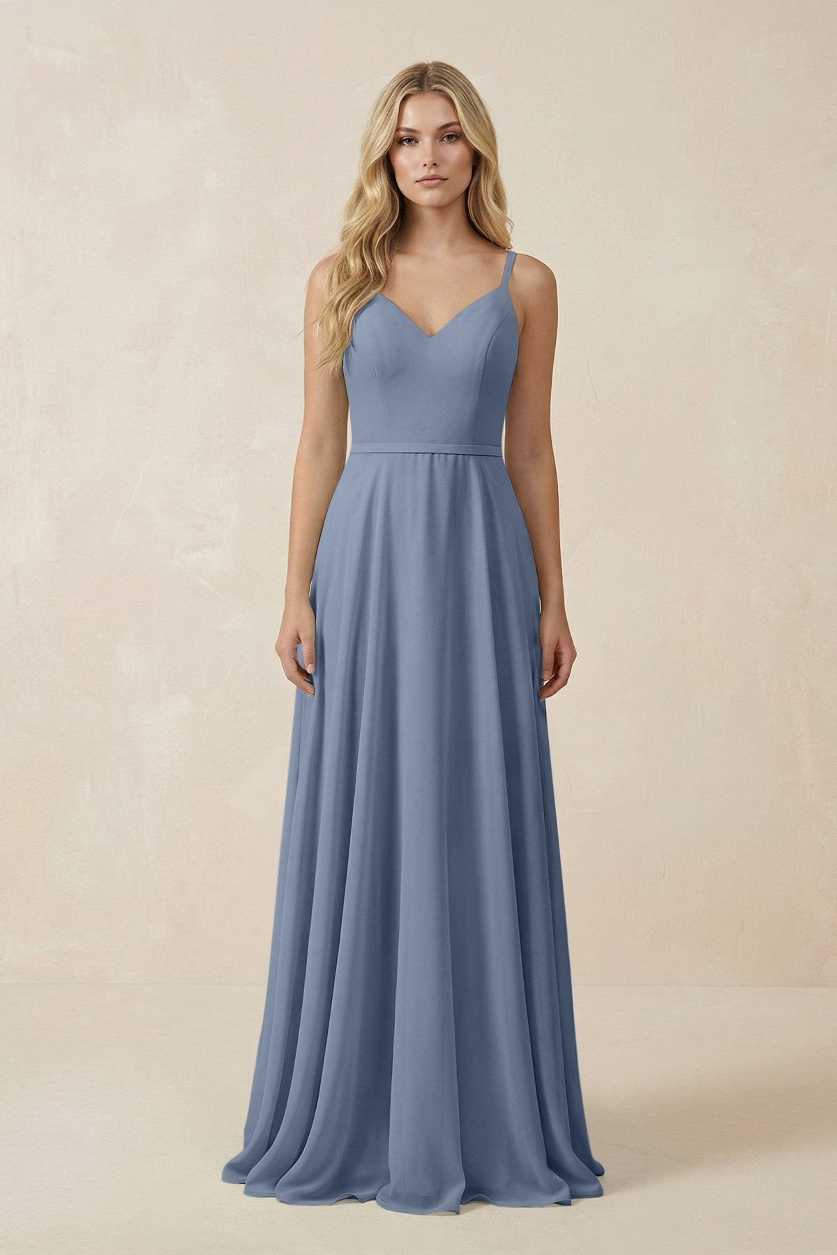 V-Neck A-Line Chiffon Bridesmaid Dress with Crisscross Back in Neptune