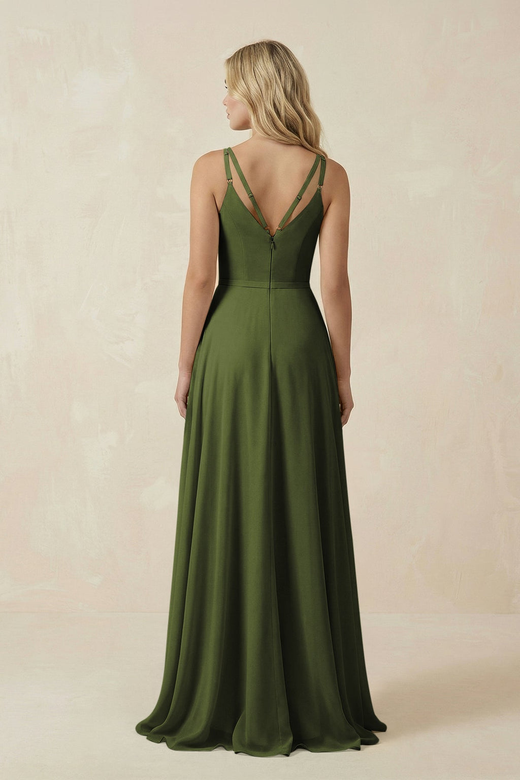 V-Neck A-Line Chiffon Bridesmaid Dress with Crisscross Back in Olive