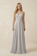 V-Neck A-Line Chiffon Bridesmaid Dress with Crisscross Back in Silver