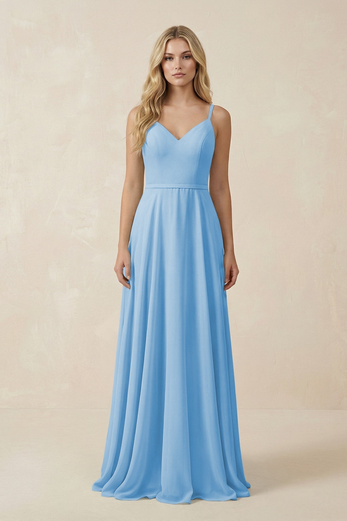 V-Neck A-Line Chiffon Bridesmaid Dress with Crisscross Back in Steel Blue