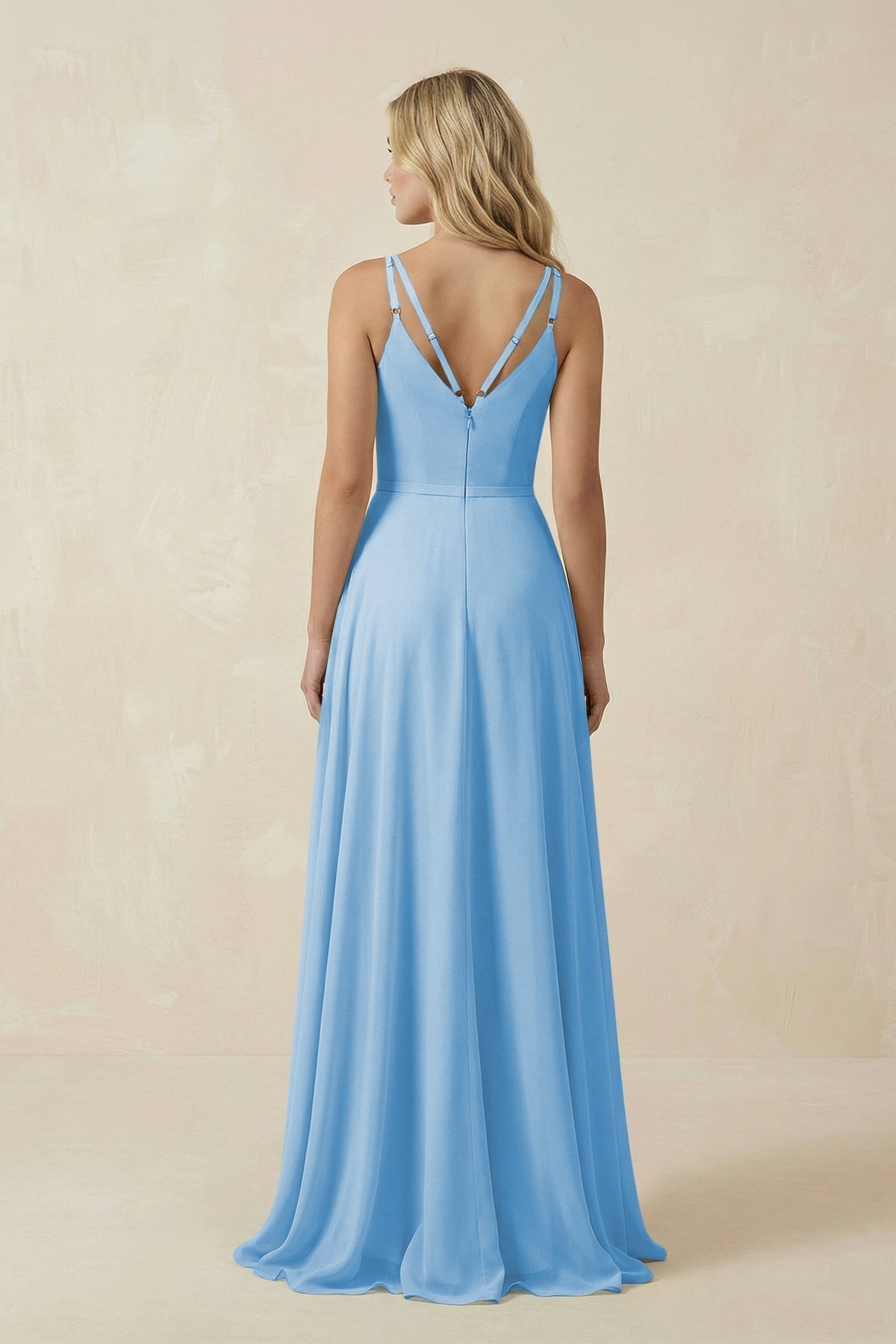 V-Neck A-Line Chiffon Bridesmaid Dress with Crisscross Back in Steel Blue