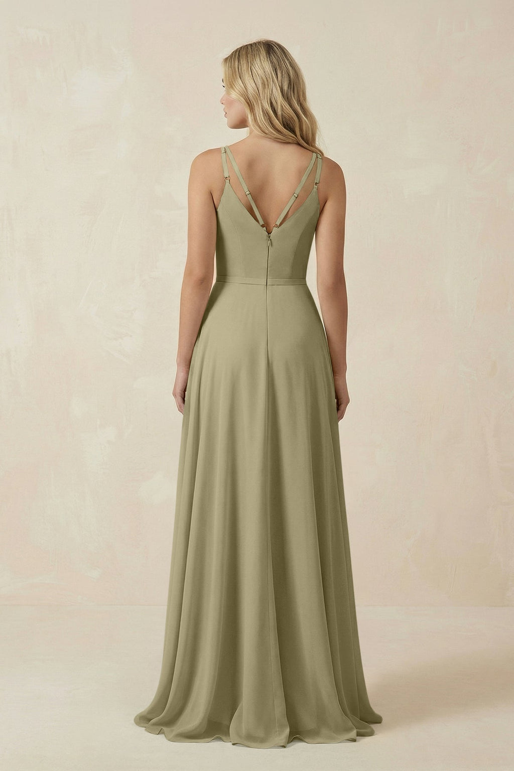 V-Neck A-Line Chiffon Bridesmaid Dress with Crisscross Back in Thyme