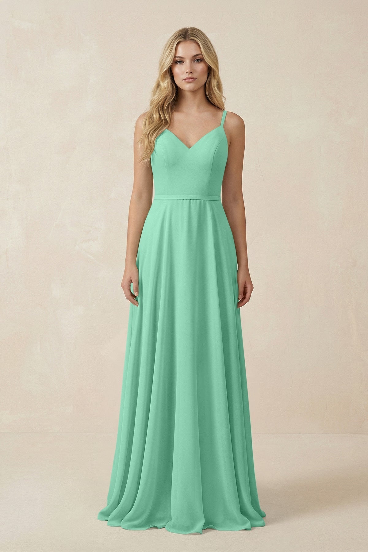 V-Neck A-Line Chiffon Bridesmaid Dress with Crisscross Back in Turquoise