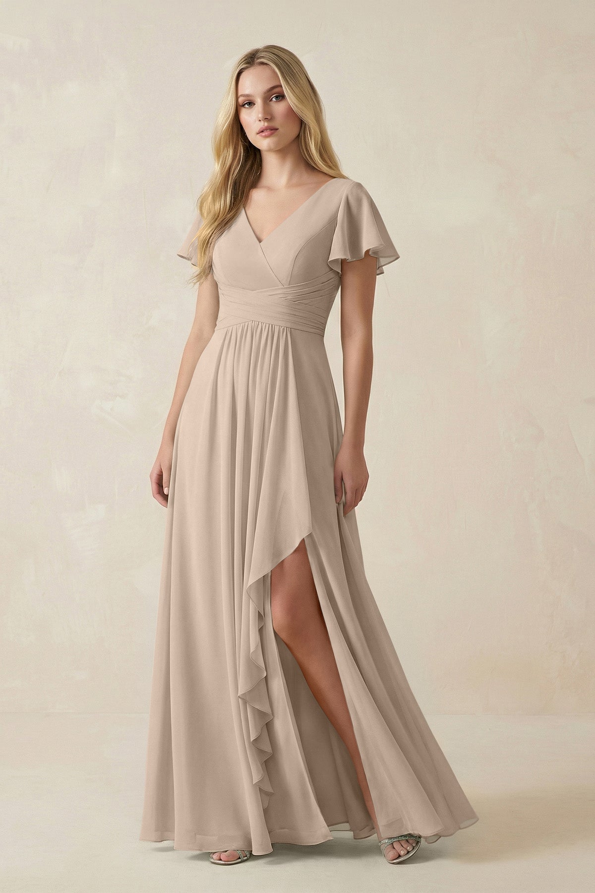V-Neck Flutter Sleeve A-Line Chiffon Bridesmaid Dress in Almond