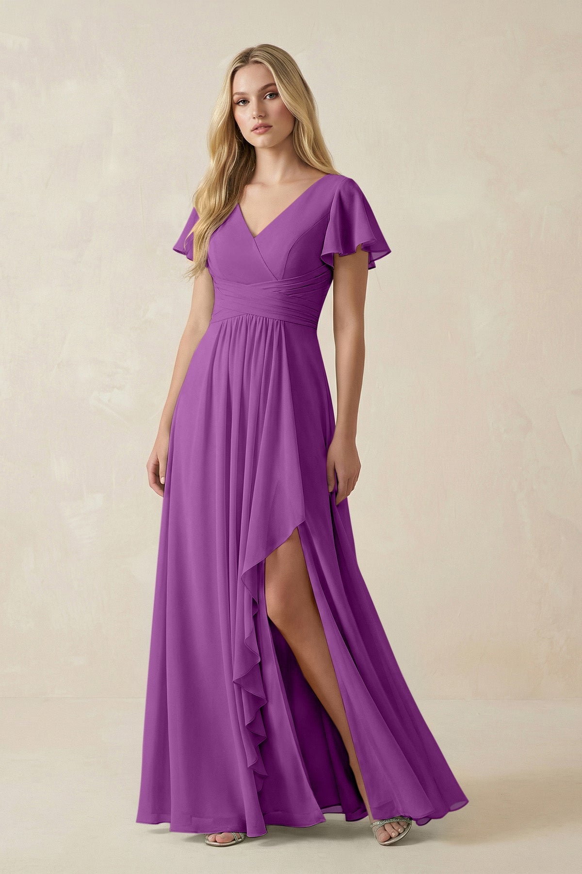 V-Neck Flutter Sleeve A-Line Chiffon Bridesmaid Dress in Amethyst