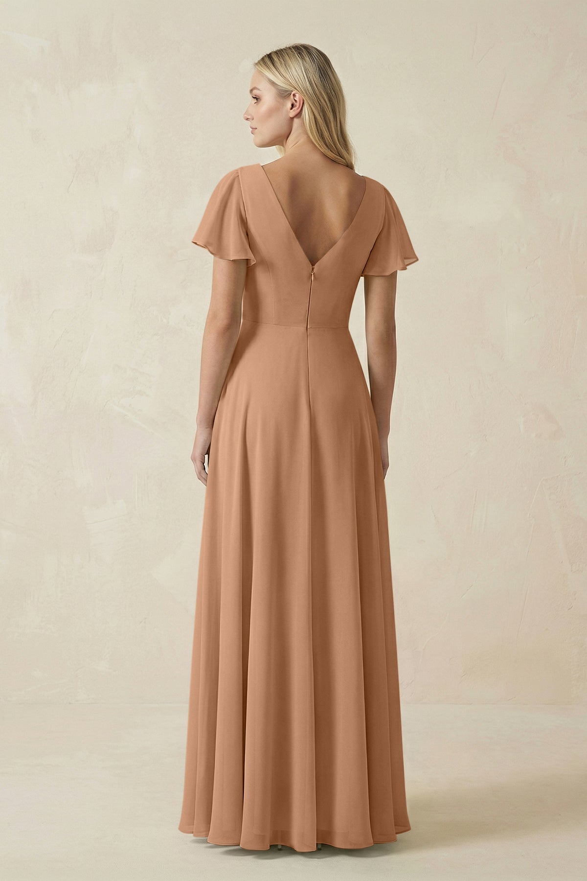 V-Neck Flutter Sleeve A-Line Chiffon Bridesmaid Dress in Bronzer