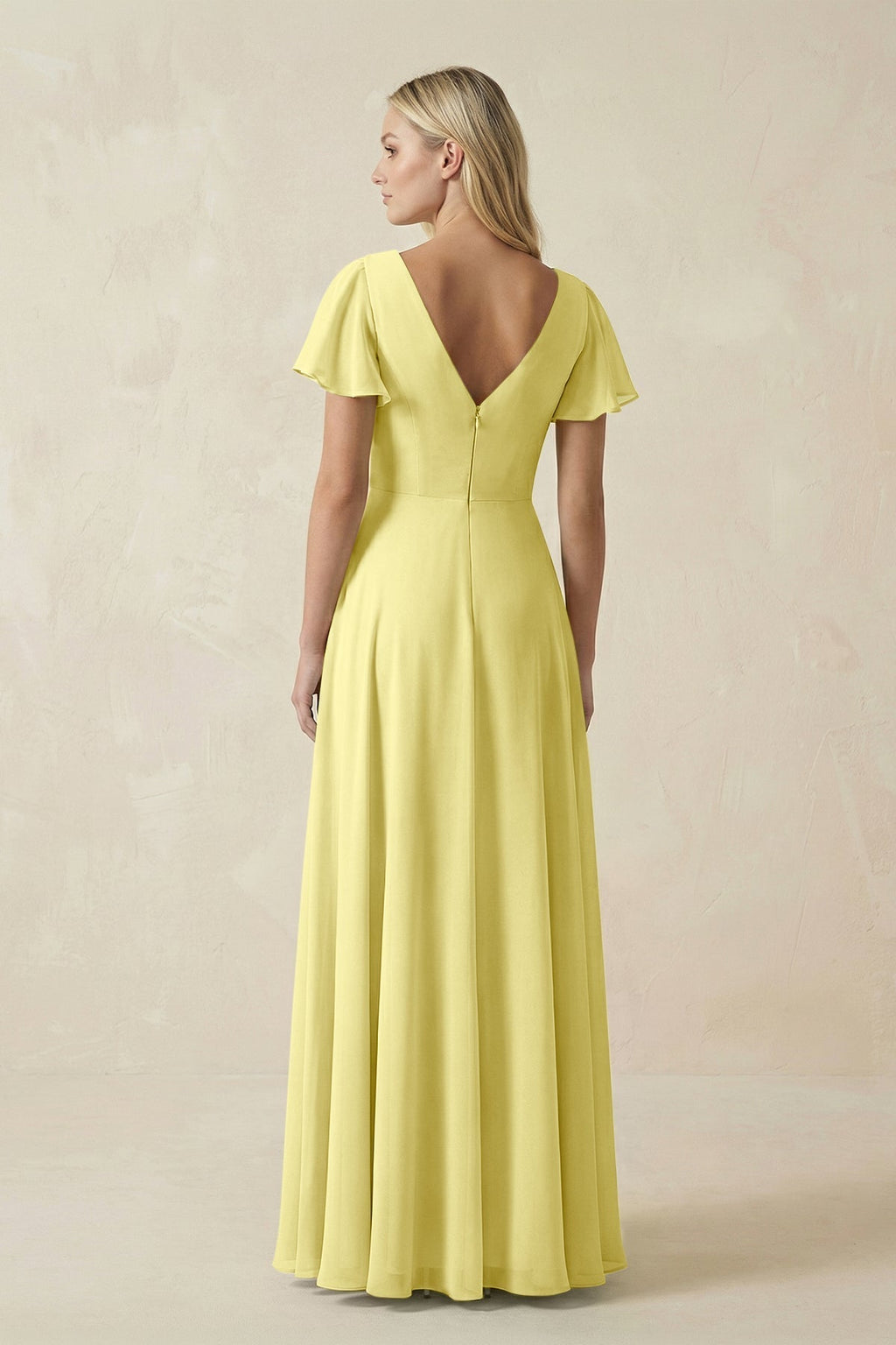 V-Neck Flutter Sleeve A-Line Chiffon Bridesmaid Dress in Buttercup