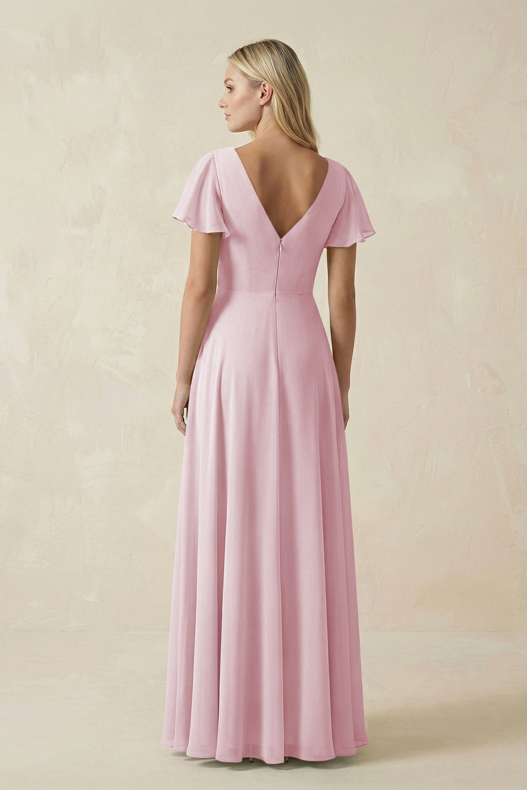 V-Neck Flutter Sleeve A-Line Chiffon Bridesmaid Dress in Candy Pink