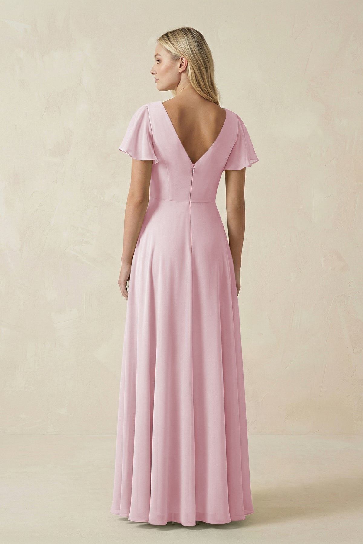 V-Neck Flutter Sleeve A-Line Chiffon Bridesmaid Dress in Candy Pink