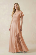 V-Neck Flutter Sleeve A-Line Chiffon Bridesmaid Dress in Champagne Rose