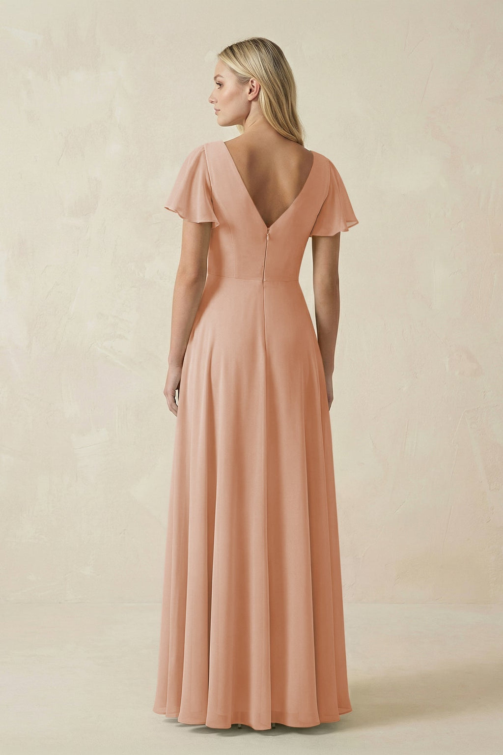 V-Neck Flutter Sleeve A-Line Chiffon Bridesmaid Dress in Champagne Rose