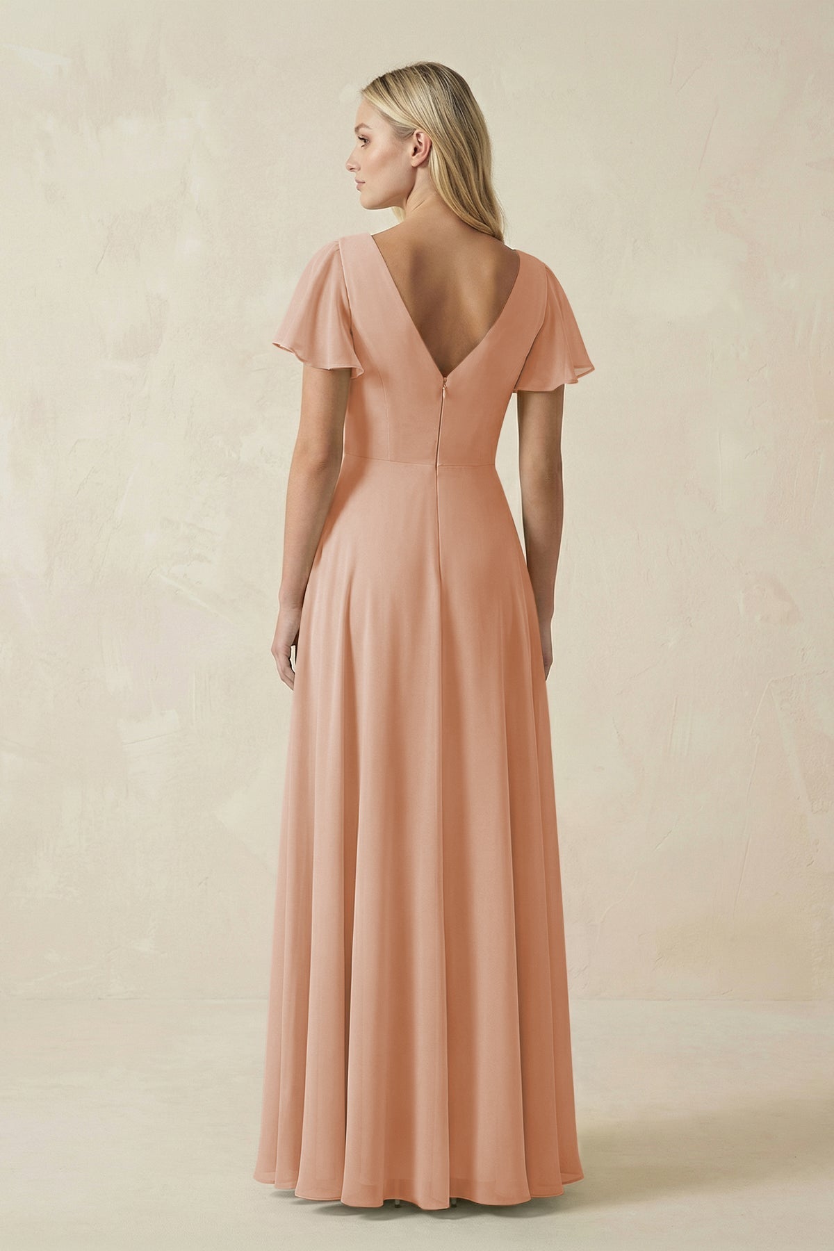 V-Neck Flutter Sleeve A-Line Chiffon Bridesmaid Dress in Champagne Rose