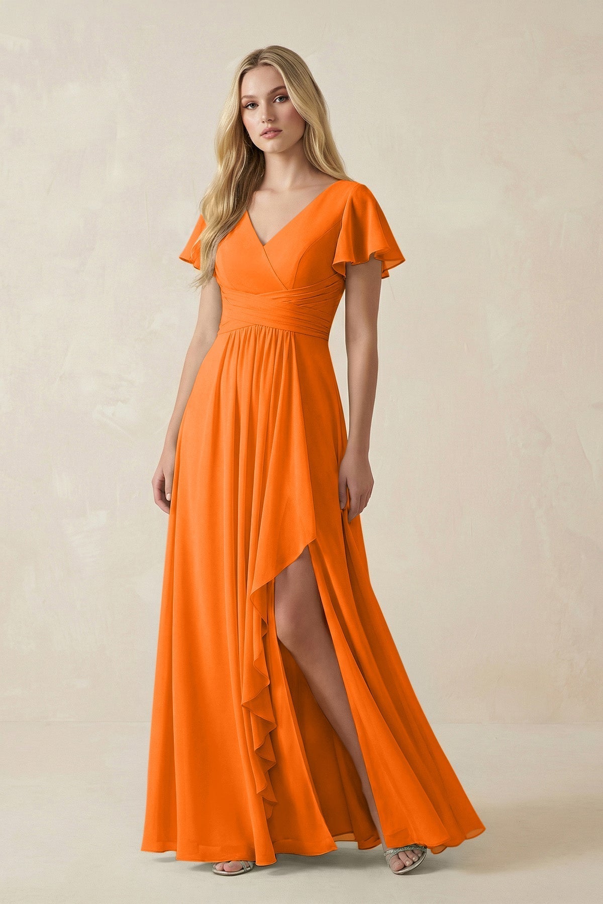 V-Neck Flutter Sleeve A-Line Chiffon Bridesmaid Dress in Cinnamon