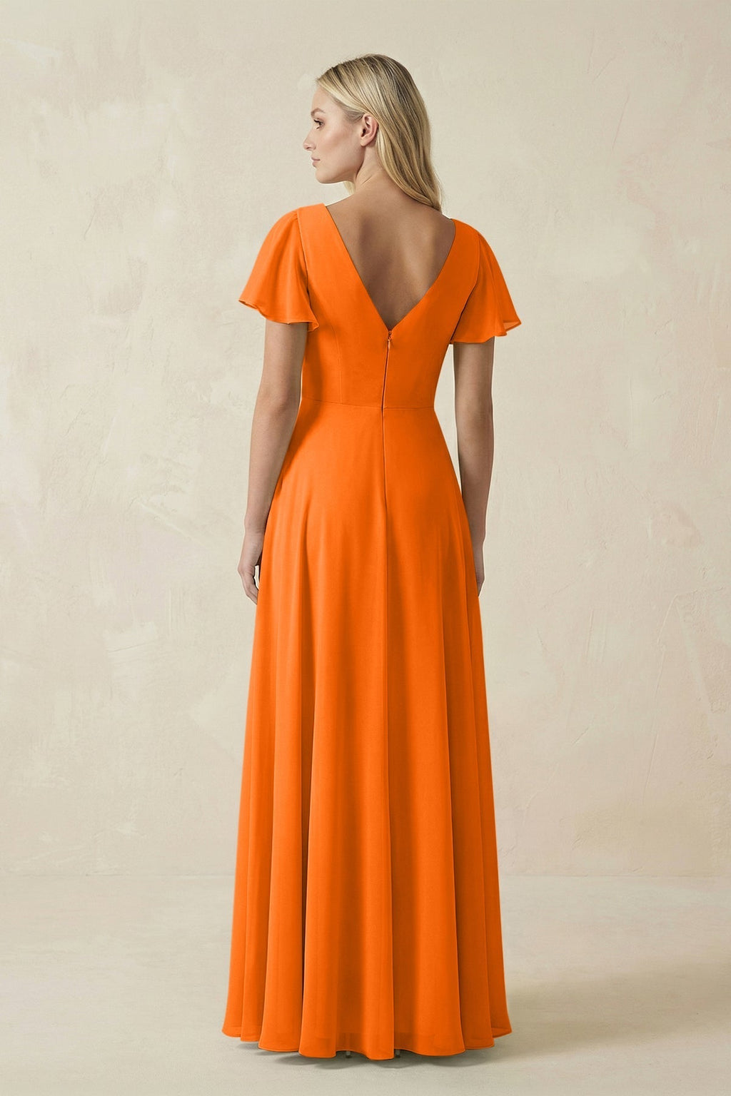 V-Neck Flutter Sleeve A-Line Chiffon Bridesmaid Dress in Cinnamon