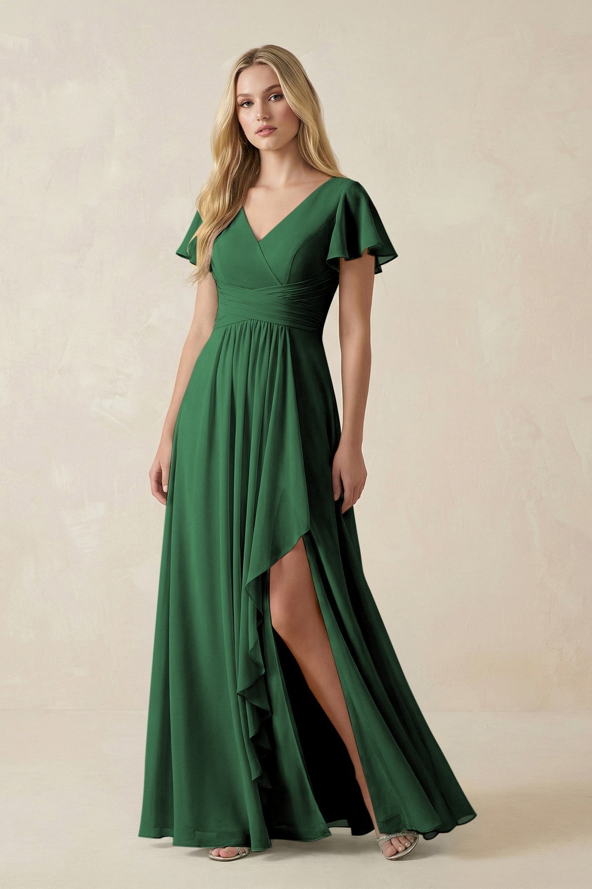 V-Neck Flutter Sleeve A-Line Chiffon Bridesmaid Dress in Dark Green